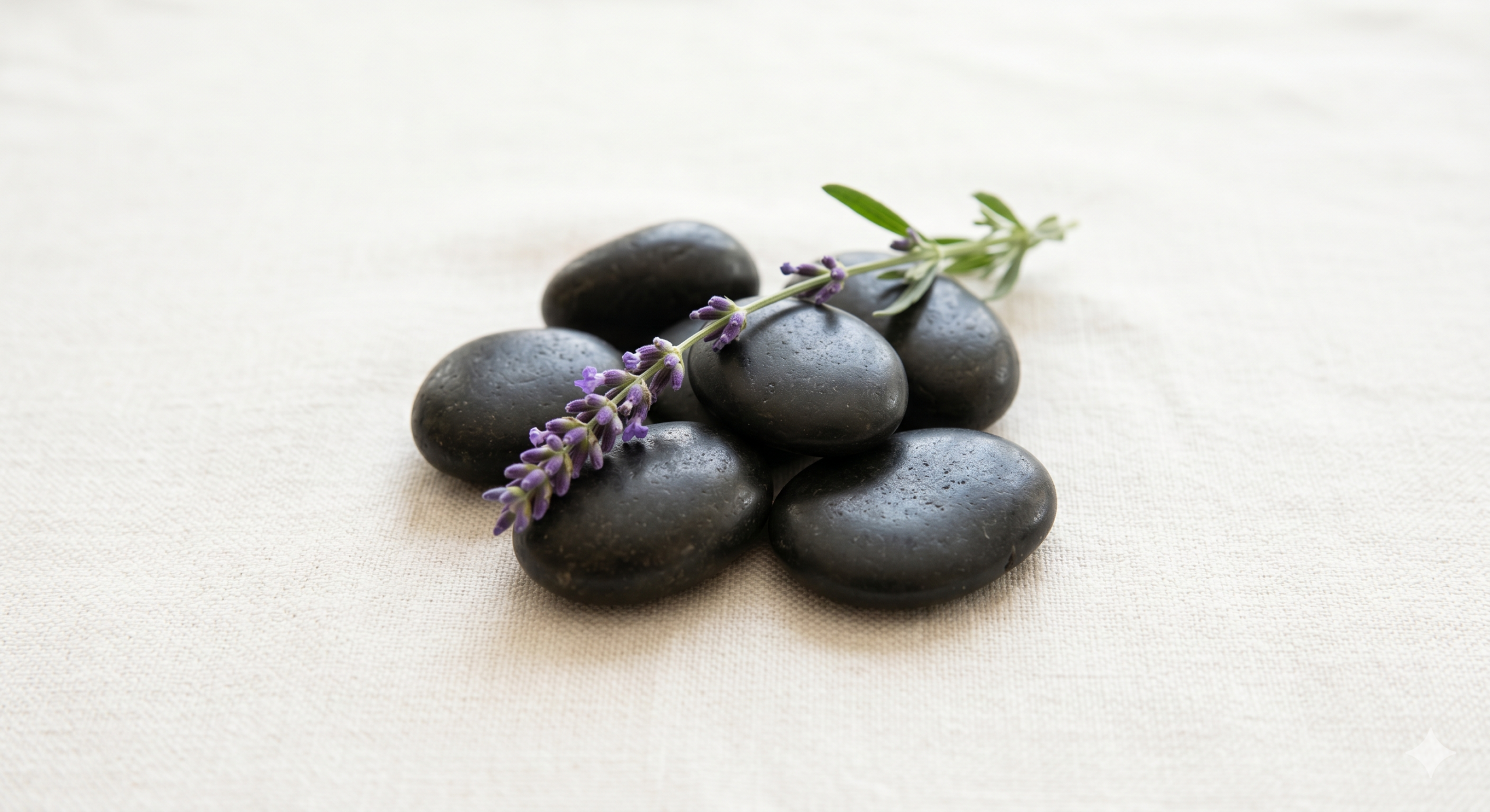 Smooth black basalt stones with a lavender sprig on linen - Swedish massage service