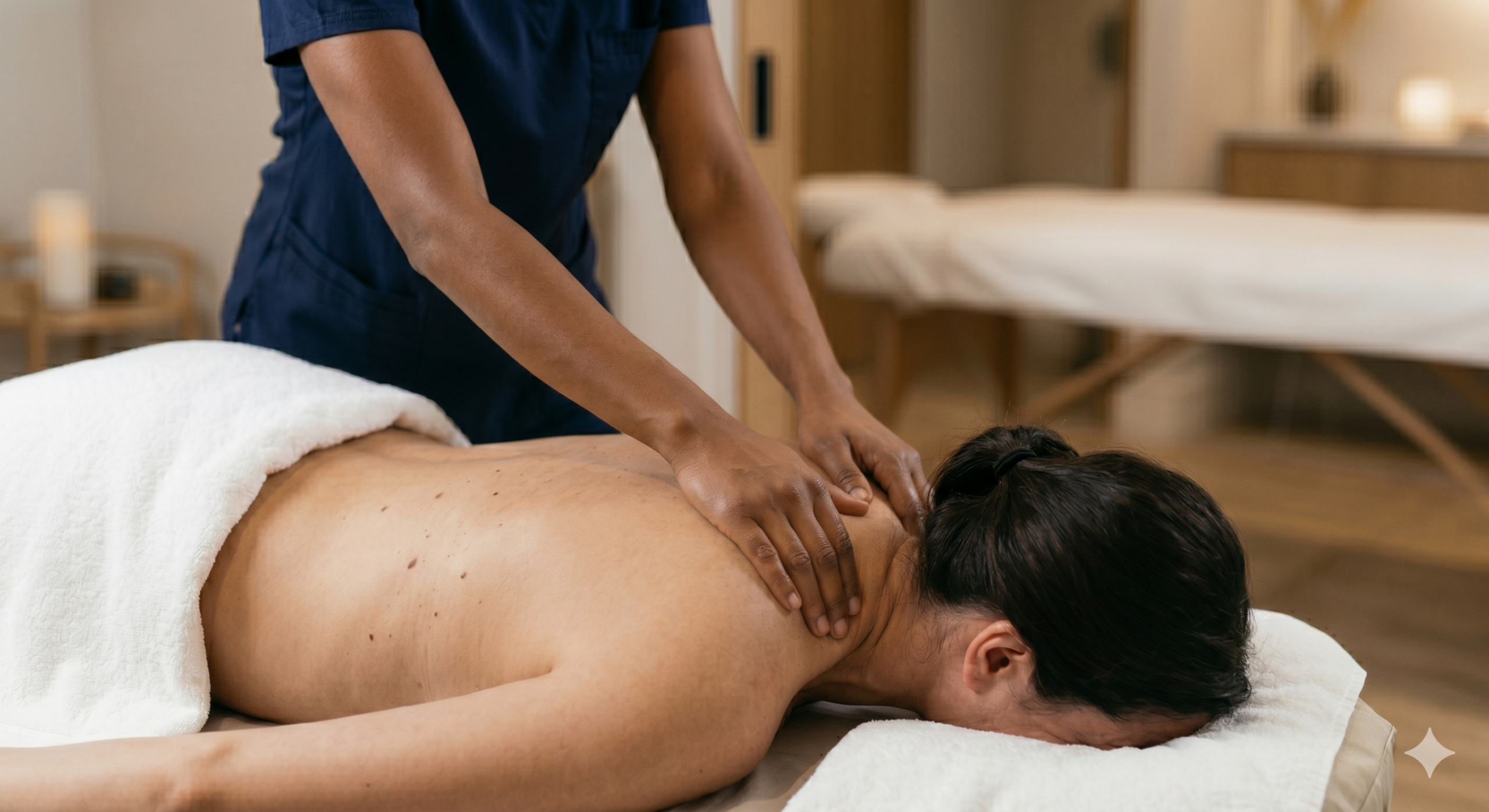 Specialist applying firm shoulder compression to a client - Deep tissue massage service